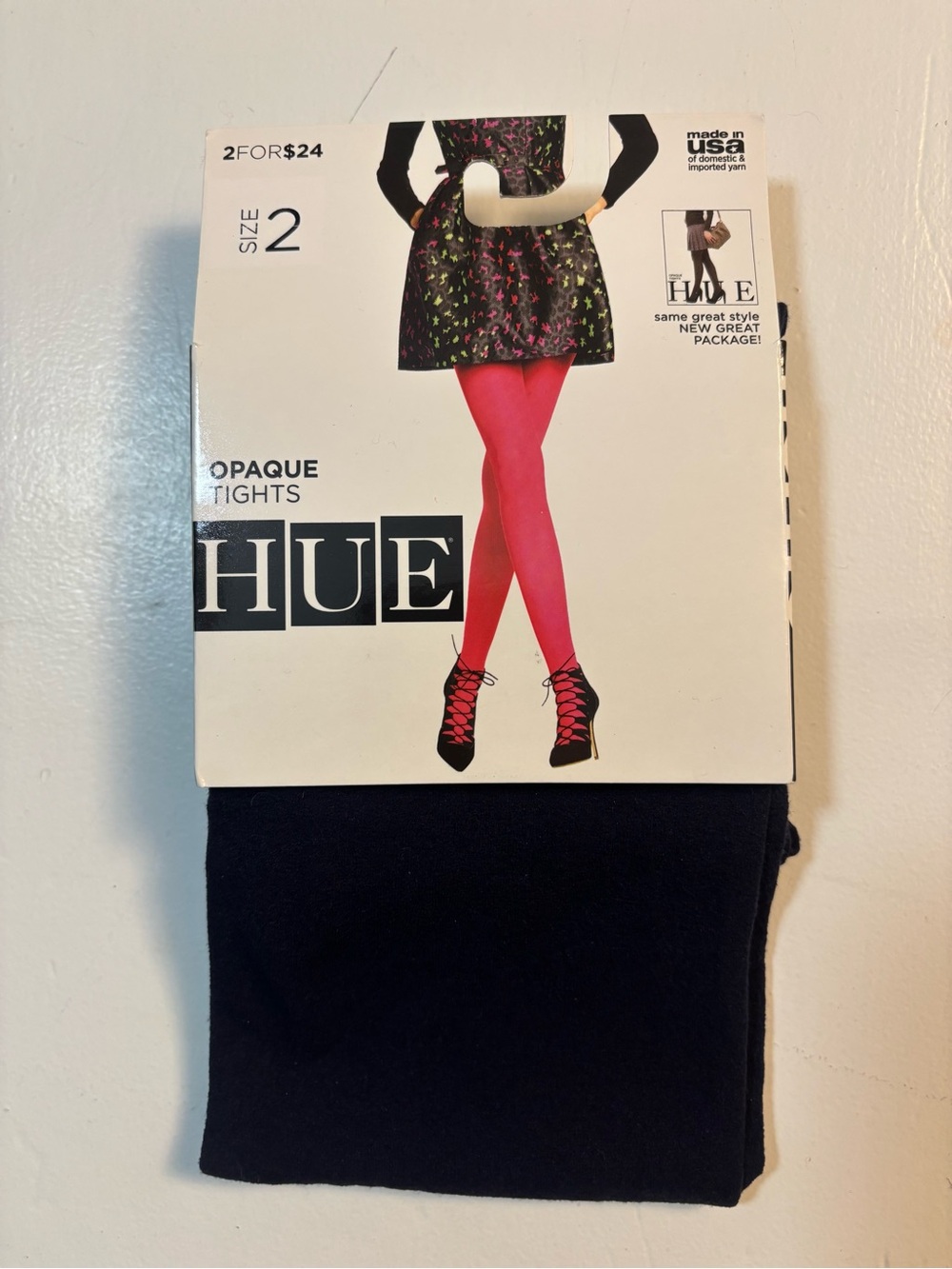 NWT HUE Navy Blue Opaque Non Control Top Tights Stockings Size 2